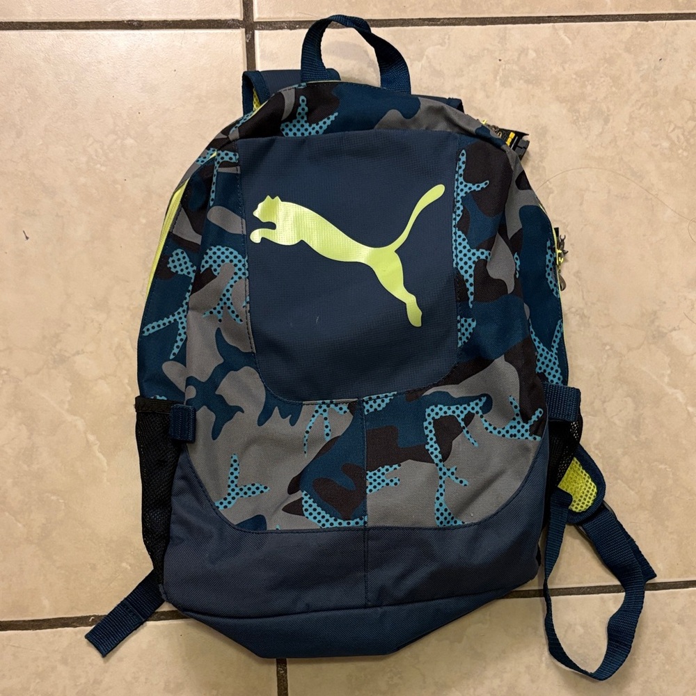 Puma Men's Blue and Gray Camouflage Backpack (used)